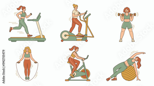 Women doing gym exercises like treadmill running, elliptical training, dumbbell lifting, jumping rope and cycling, concept for fitness blog, health mobile app and sports center advertising