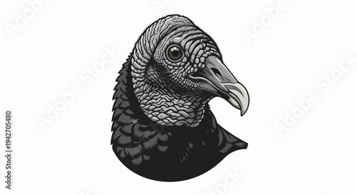 Close-up illustration of a black vulture's head with detailed feathers