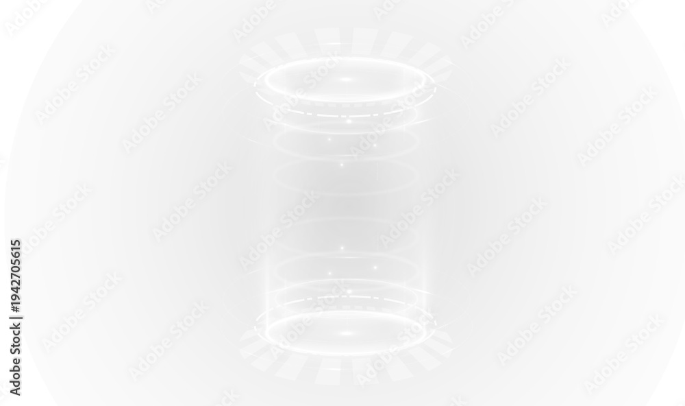 Fototapeta premium Cyber teleport stage with luminous blue rings and particles. Electric beam shines through the center of the portal. Transparent PNG overlay for futuristic visuals.
