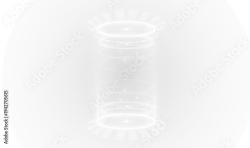 Cyber teleport stage with luminous blue rings and particles. Electric beam shines through the center of the portal. Transparent PNG overlay for futuristic visuals.