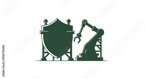 Robotic Arm Securing a Large Shield on a Stand.