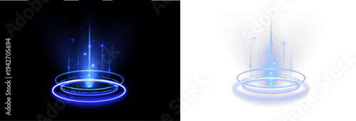 Sci-fi transport gate glowing with digital energy waves. Circular light platform appears suspended in space. Transparent PNG element for cyber themed graphics.
