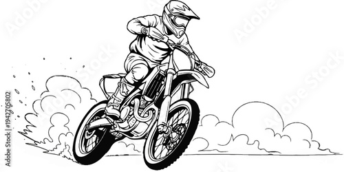 Dynamic illustration of a motorcyclist kicking up dust and smoke