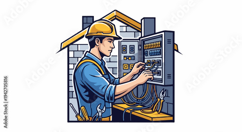 Electrician working on electrical panel inside a house structure