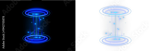 Virtual teleport gateway glowing with vibrant neon blue rings. Energy lines spin like a futuristic power field. Transparent PNG graphic for sci-fi game levels.