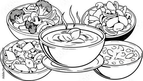 Five bowls of hearty, hot, and healthy vegetable and mushroom dishes