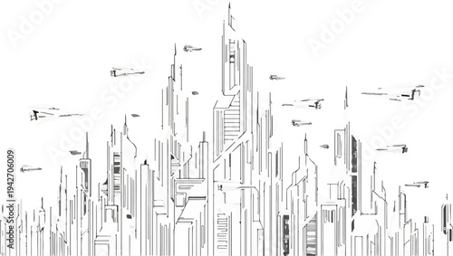 Futuristic city skyline with flying vehicles, rendered in a monochrome, sketch-like style