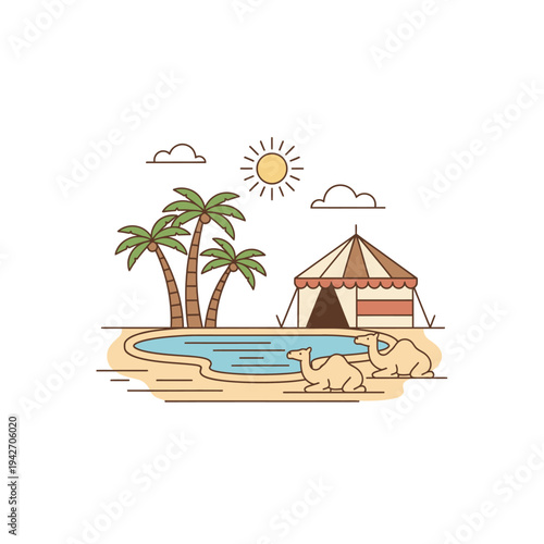 Desert Oasis Scene with Camels and Palm Trees.