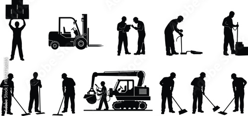 Construction worker silhouettes set with forklift excavator cleaning workers, industrial labor people collection, warehouse logistics staff, manual workers icons isolated on white background