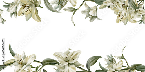 Fotografi Template of double border of white lilies in watercolor clipart as a symbol of purity and innocence