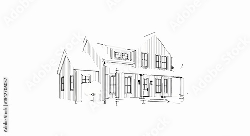 Sketch of a two-story house with a porch and multiple windows