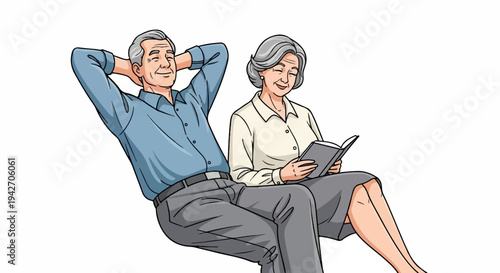 An elderly couple relaxes, one reading a book while the other rests