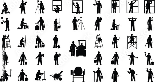 Construction workers silhouettes set with painters builders cleaners and maintenance staff, professional labor people icons collection isolated on white background