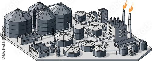Isometric industrial complex with storage tanks, pipes, and smoking chimneys