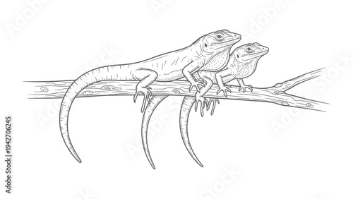 Lizards on a Branch: A detailed illustration of two lizards perched gracefully on a branch, showcasing the intricate details of their scales and anatomy. A serene capture of wildlife.