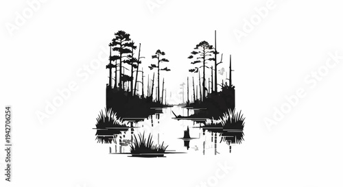 Silhouette of a serene swamp with tall trees and still water