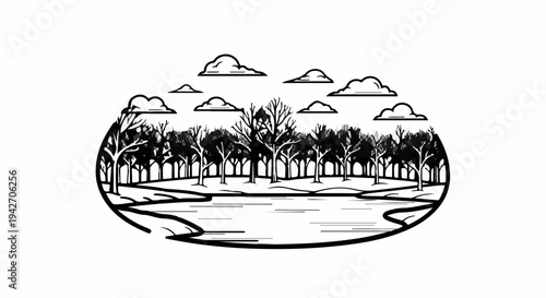 A serene forest scene with bare trees beside a reflective body of water under clouds