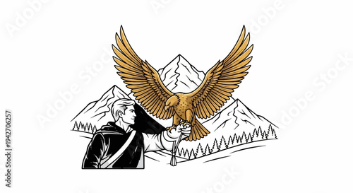 Man in cloak with falcon on arm against mountain backdrop