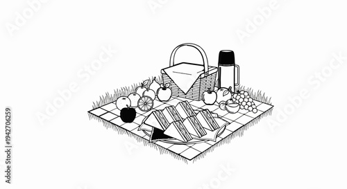 A simple illustration of a picnic setup with sandwiches, fruits, and a thermos