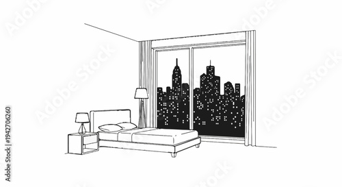 Bedroom scene with a bed and nightstand overlooking a lit city skyline