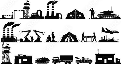 Military base industry silhouettes, soldiers tanks watchtower factory smoke robots airplane medical evacuation camp trucks missile launcher battlefield logistics defense illustration set isolated