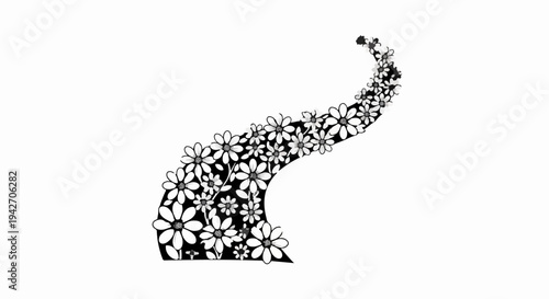 Black and white abstract floral pattern, winding path of daisies