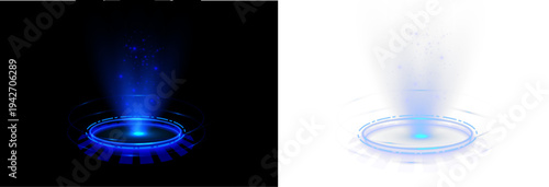 Digital teleport ring surrounded by glowing particles and blue aura. Futuristic platform appears like a holographic stage. Transparent PNG element for sci-fi scenes and UI effects.