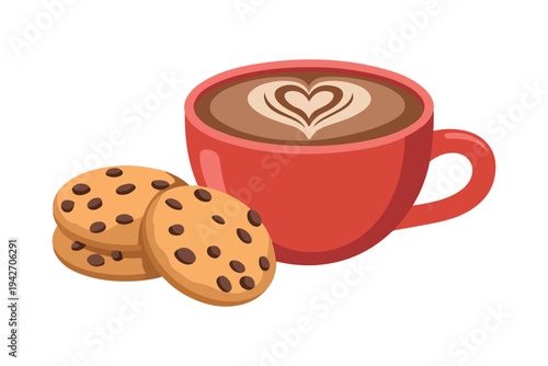 Minimalist flat vector illustration of a red coffee mug and cookies. 