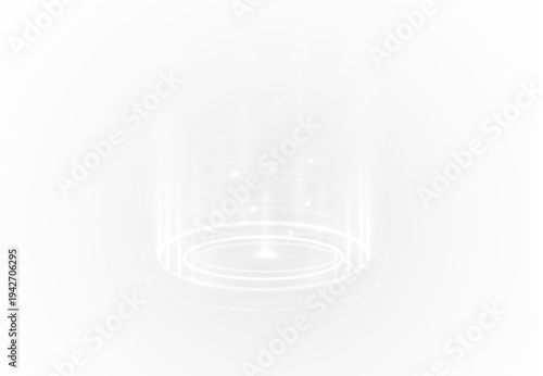 Radiating hologram portal with bright circular energy frame. Neon light beam rises like a teleport signal. Transparent PNG for cyber technology visuals.