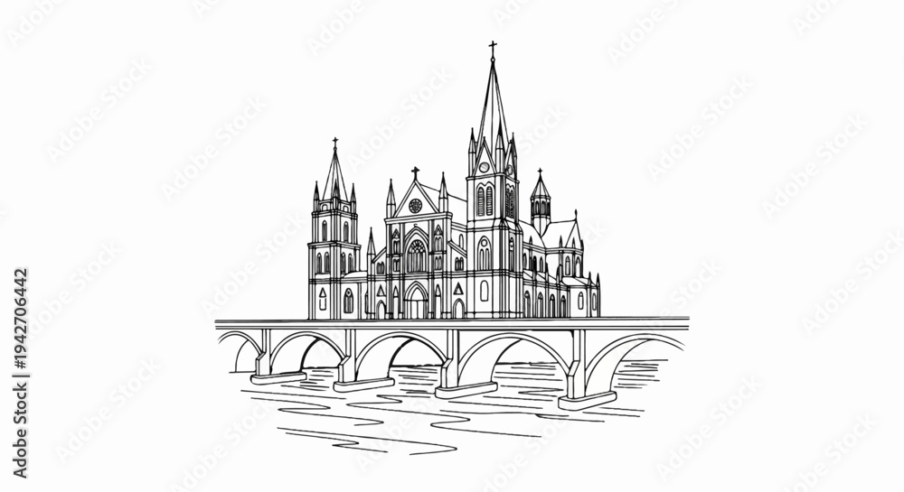 Naklejka premium Ornate gothic cathedral and arched bridge over water