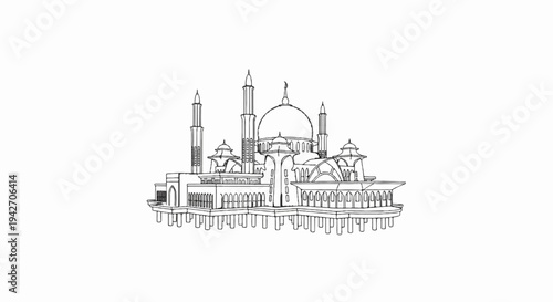 Ornate Islamic mosque with domes and minarets, rendered in a sketch style