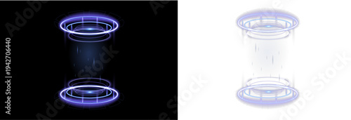 Futuristic blue portal with glowing neon ring and floating energy sparks. Circular hologram effect creates a teleport platform illusion. Transparent PNG for sci-fi interfaces and game scenes.