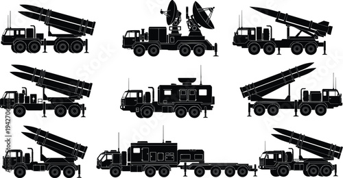Military missile launcher trucks and radar vehicles silhouette set, mobile rocket artillery defense transport systems, army equipment vector collection isolated on white background