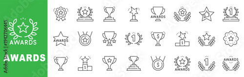 Awards outline icon set featuring trophy, medal, star, laurel wreath, podium, crown symbols for achievement recognition and competition success editable stroke design