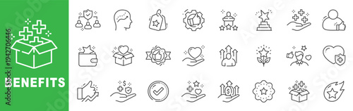 Benefits outline icon set featuring reward, bonus, protection, health care, growth, promotion and recognition symbols editable stroke line design