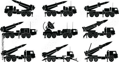 Military missile launcher truck silhouettes set, mobile rocket artillery vehicles, radar system truck, defense transport icons, army equipment vector collection isolated on white background