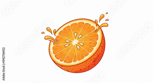 A vibrant, juicy orange half with liquid splashes, depicted in a bold, illustrative style