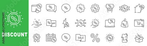 Discount outline icon set featuring sale, coupon, percentage, cashback, promotional offer and ecommerce shopping symbols editable stroke line design