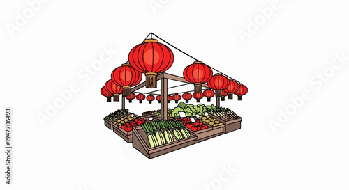 Outdoor market stall displaying fresh produce under festive red lanterns