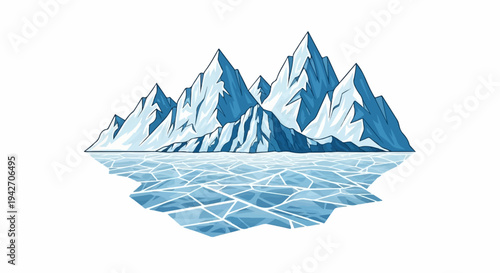 Pixel art of icy mountains reflected on a cracked frozen surface