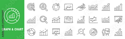 Graph and chart outline icon set featuring analytics, data visualization, business growth, performance metrics and statistical report symbols editable stroke line design