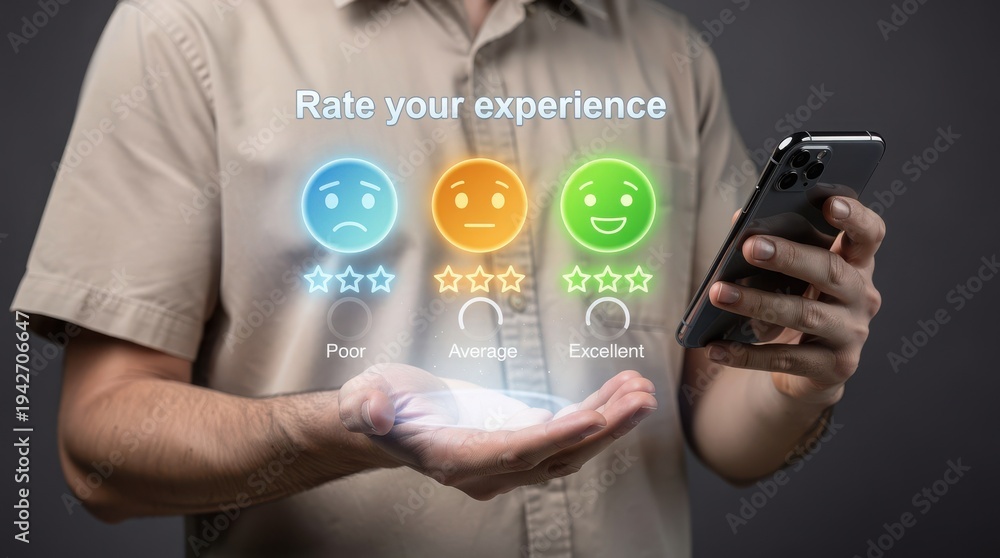 Obraz premium Customer satisfaction feedback concept rating experience on smartphone