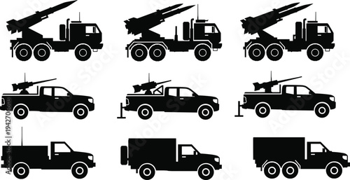 Military pickup trucks with missile launcher and weapon systems silhouettes set, tactical army vehicles collection, defense transport icons isolated on white background