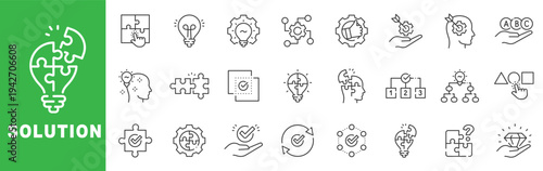 Solution outline icon set featuring problem solving, business strategy, innovation, teamwork, workflow optimization, decision making and project management concepts in editable stroke line design