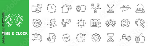 Time and clock outline icon set featuring deadline, schedule, productivity, 24/7 service, timer and hourglass symbols in editable stroke line style
