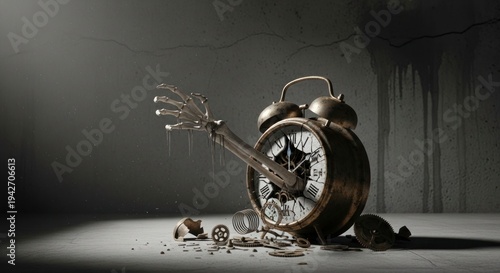 Death's Hand Reaching from a Shattered, Decaying Vintage Clock