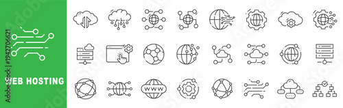 Web hosting and cloud infrastructure outline icon set featuring server, database, domain, CDN, synchronization, deployment and security symbols in editable stroke line style