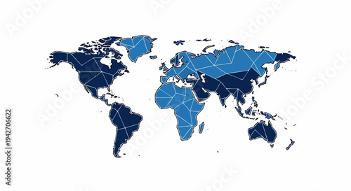 A stylized world map with continents divided by geometric lines and shaded