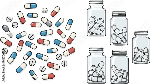 Scattered pills and round tablets next to glass bottles filled with capsules