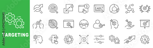 Targeting and digital marketing outline icon set featuring SEO, online ads, audience segmentation, conversion goals and performance analytics in editable stroke line style